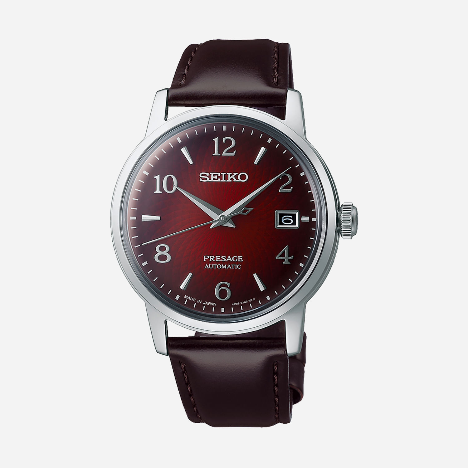 Relógio Seiko Presage com mostrador vermelho, pulseira de couro marrom e data na posição 3 horas.