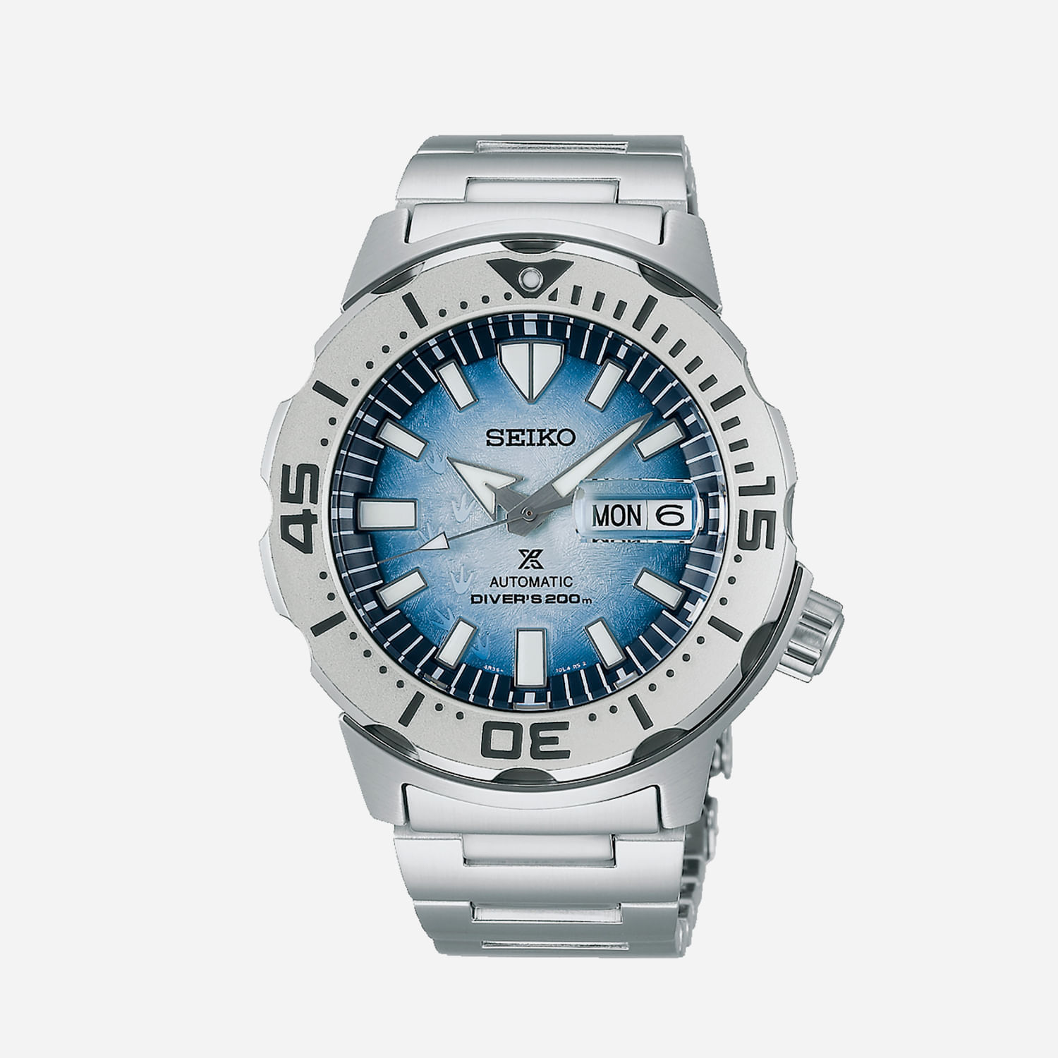 Relógio de pulso da Seiko com pulseira de aço, mostrador azul com detalhes em branco e indicadores, e luneta rotativa.