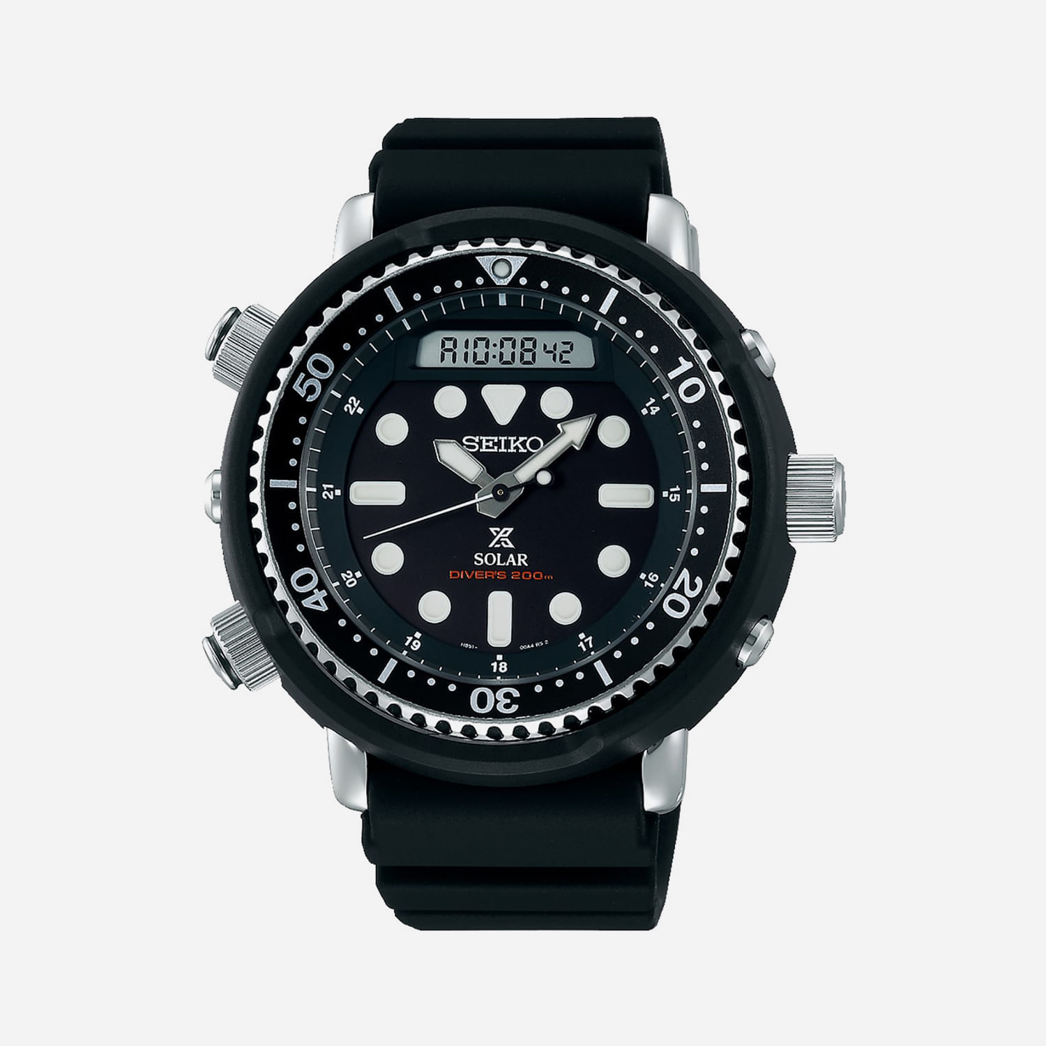Relógio preto com pulseira de silicone, mostrador analógico e digital, marcas Seiko, solar e resistente até 200 metros.