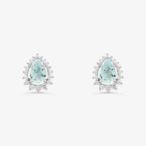 Brinco Gota com Água Marinha e Diamantes em Ouro Branco 18k