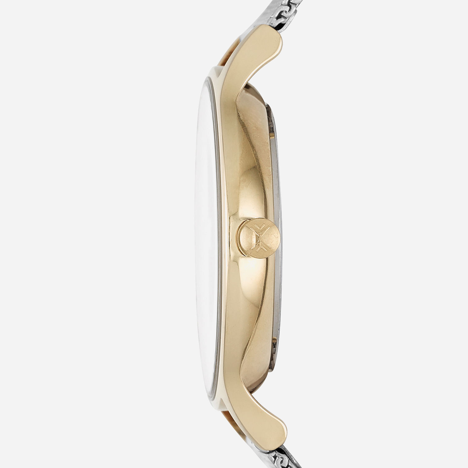 Relógio com caixa dourada, mostrador branco e pulseira de metal prata, visto de perfil.
