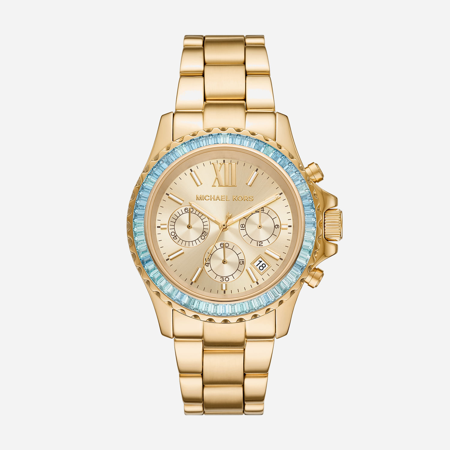 Relógio dourado Michael Kors com pulseira de metal, mostrador com três subdials e detalhe de pedras azuis na moldura.