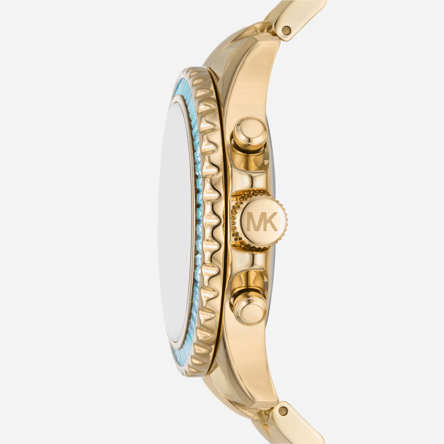 Relógio Michael Kors com nura dourada, com botões laterais e detalhes em azul na borda da caixa.
