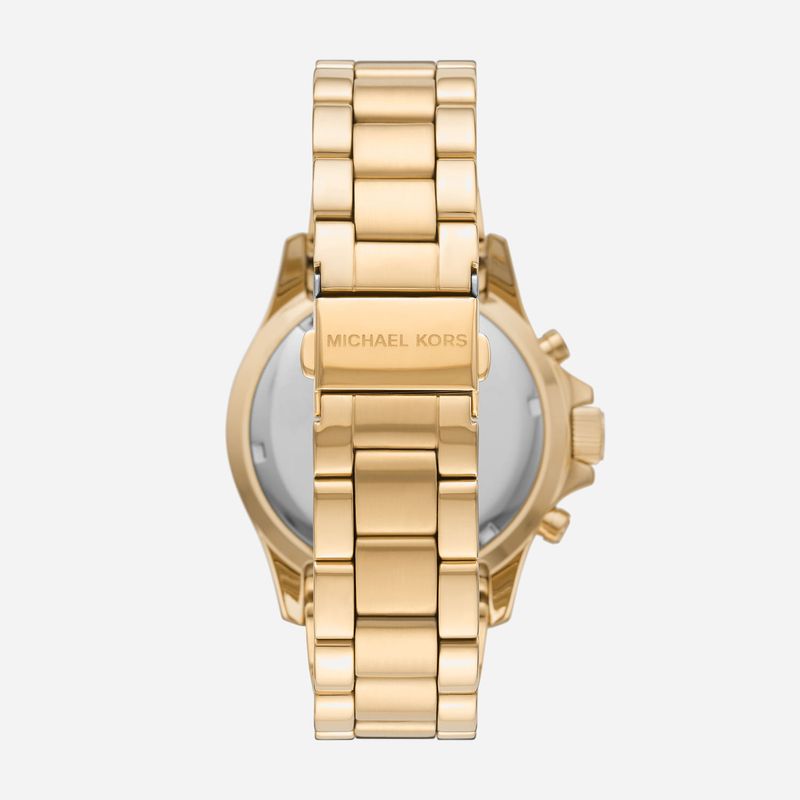 Relógio dourado Michael Kors com pulseira de metal e a marca gravada na fivela.