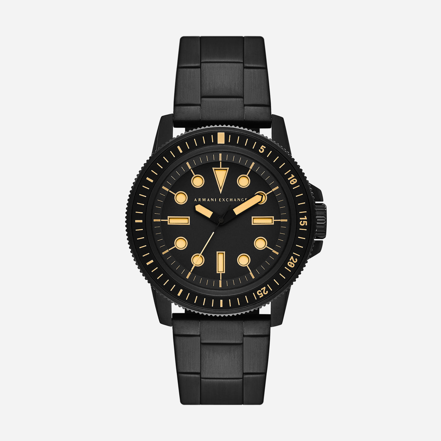 Relógio preto com pulseira de metal e detalhes em dourado, com mostrador analógico, marcas de hora e uma roda de minutos.