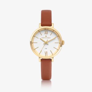 Relógio Monte Carlo Feminino em Aço Dourado e Couro Caramelo