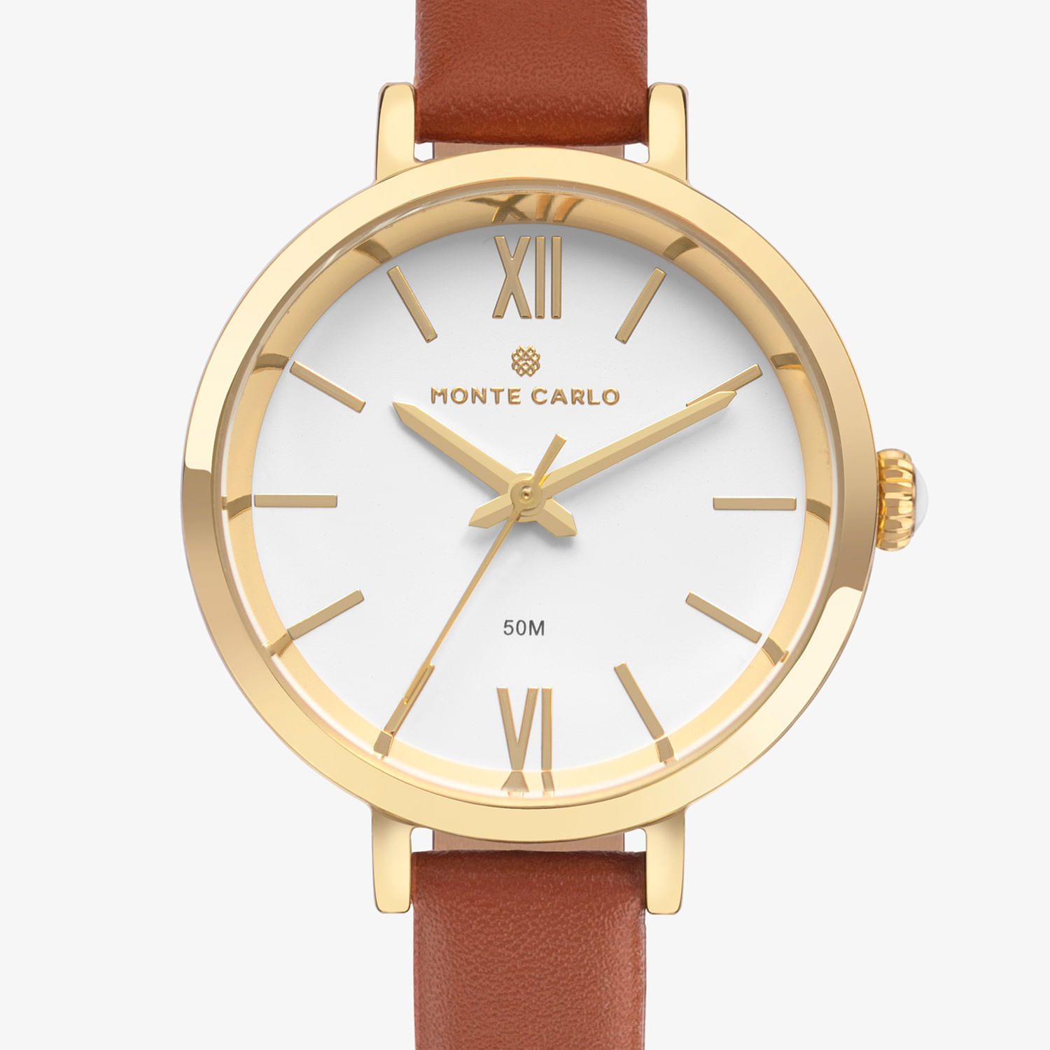 Relógio com mostrador branco, detalhes em dourado, números romanos e índices, pulseira marrom em couro, marca Monte Carlo.