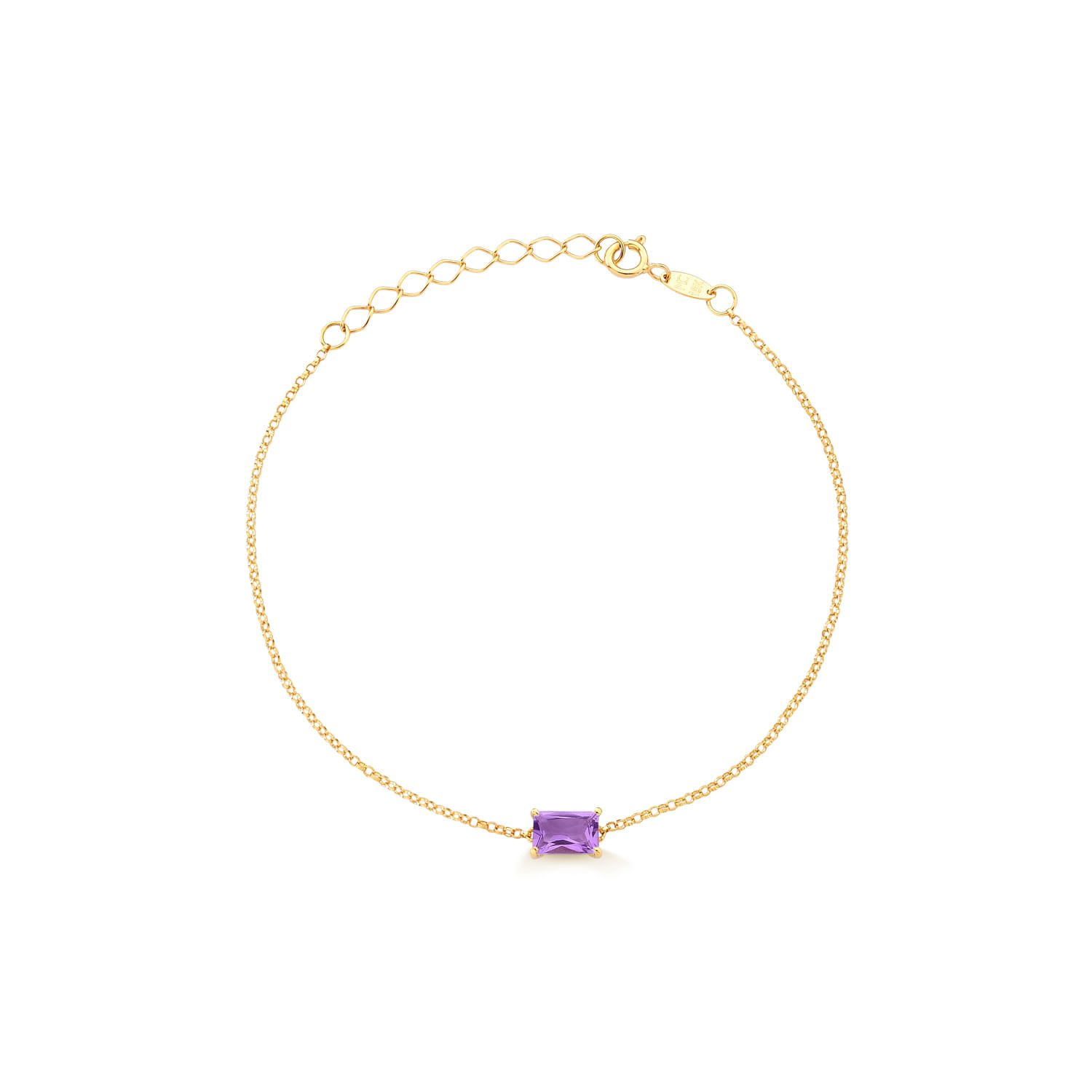 Pulseira dourada com uma pedra roxa rectangular na frente e fecho ajustável.