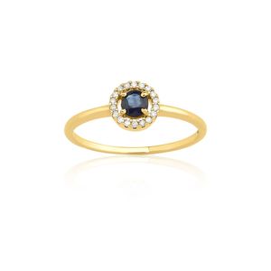 Anel em Ouro Amarelo com Diamante, Safira Azul