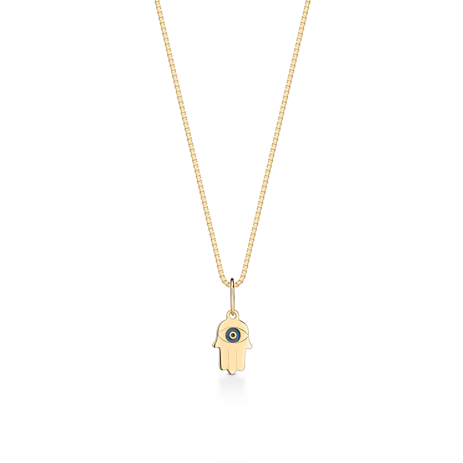 Colar dourado com pingente de mão com olho azul, formando um colar delicado e elegante.