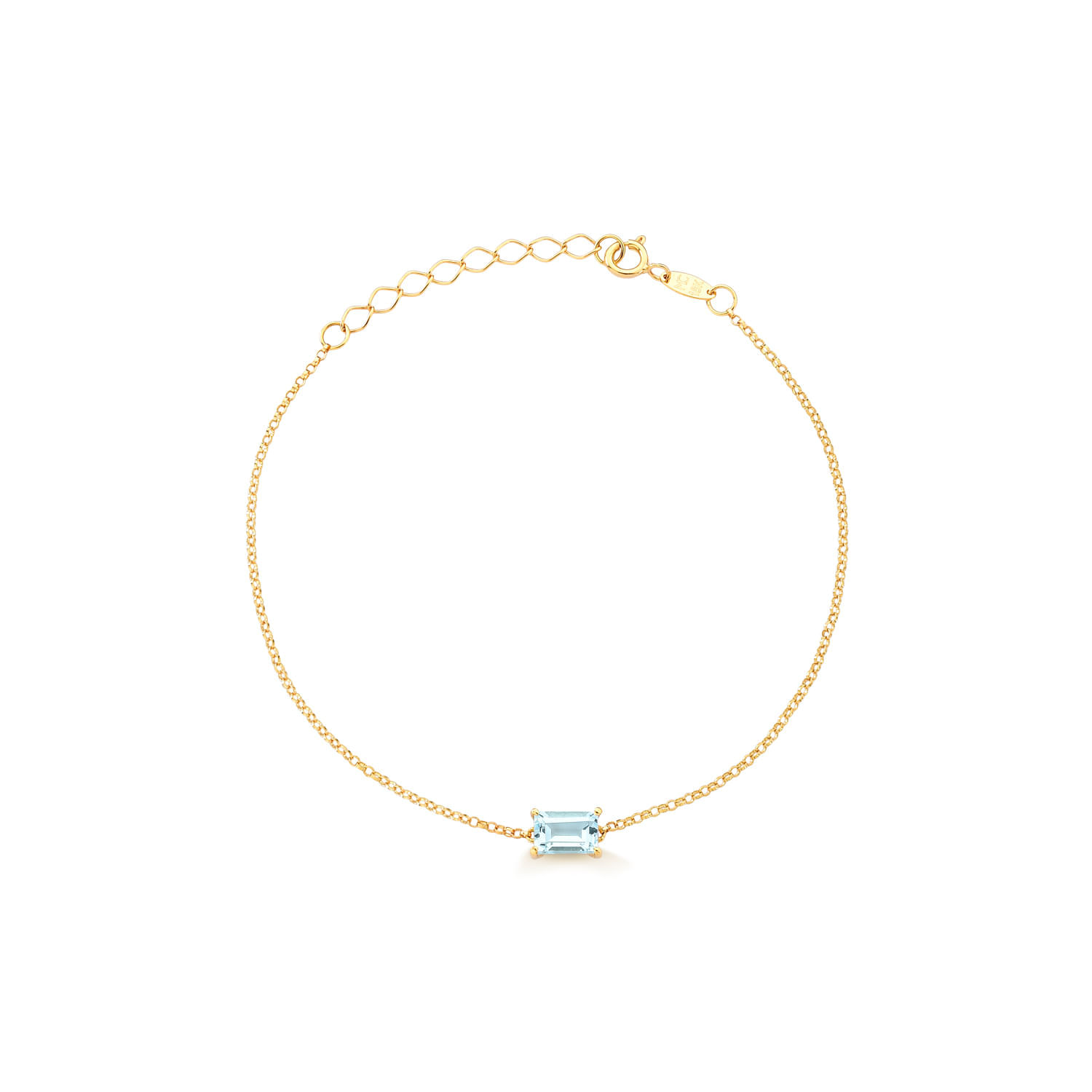 Pulseira dourada com uma pedra azul rectangular na frente e fecho ajustável.