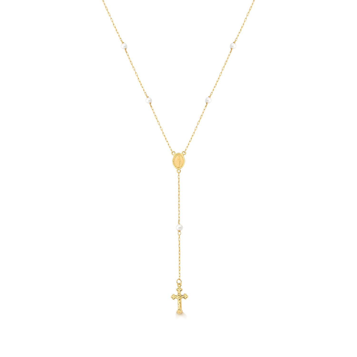 Colar dourado com pontos brancos, medalha e cruz pendurada, com detalhes delicados e acabamento brilhante.