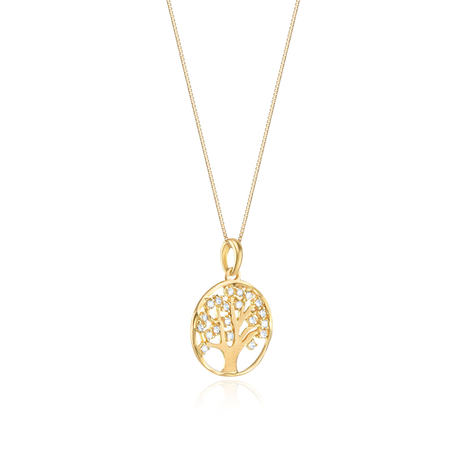 Colar com pingente dourado em formato de árvore com galhos e folhas de strass.