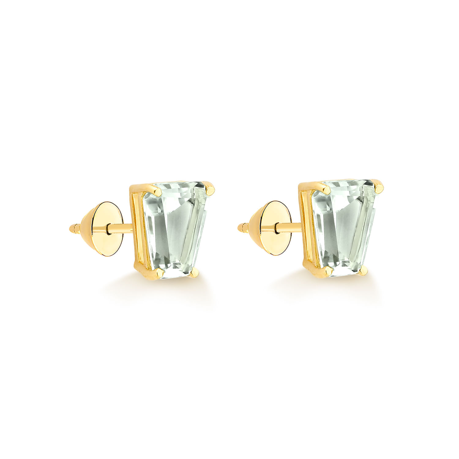 Par de brincos de metal dourado com pedras retangulares transparentes, presos por garra.