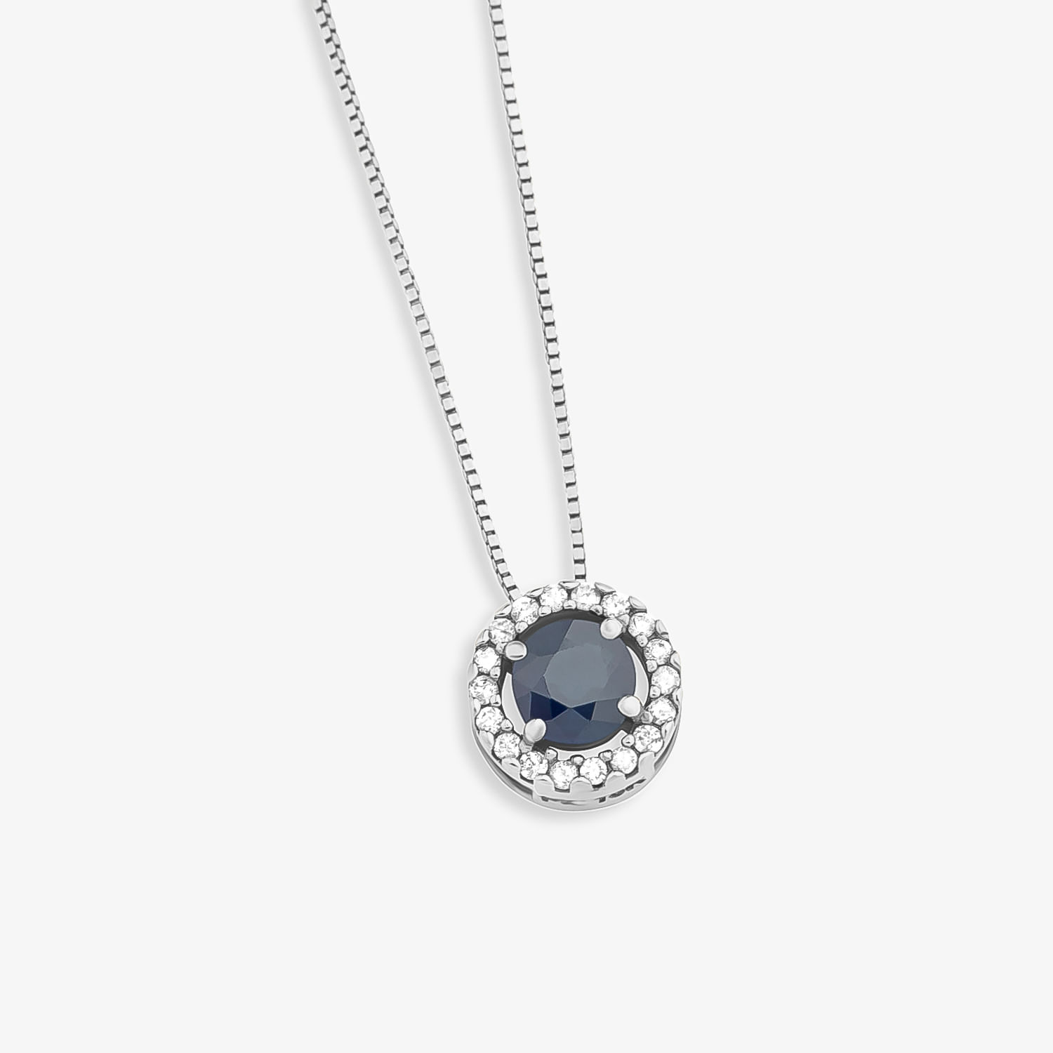 Pingente Redondo Intense em Ouro Branco 18k com Safira Azul e 9 Pontos de Diamantes