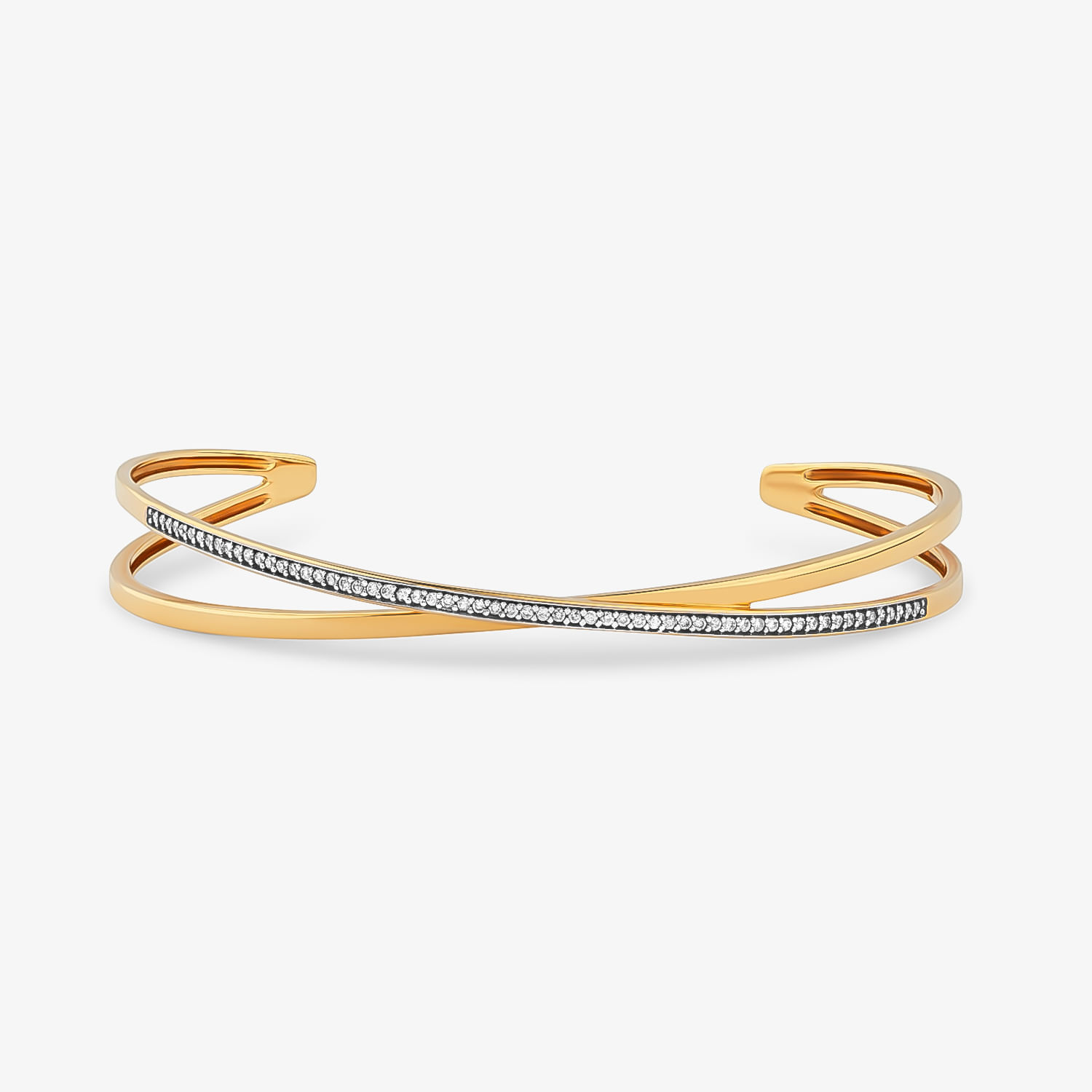 Pulseira dourada com detalhes em pedras brilhantes, de design aberto e com duas tiras finas cruzadas.