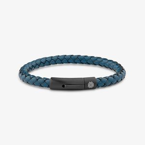 Pulseira Masculina de Couro Azul em Aço Preto - 20 cm