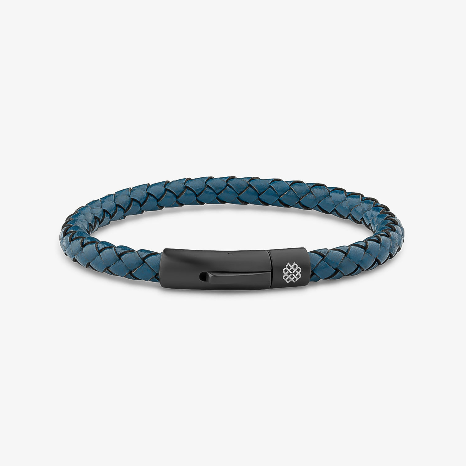 Pulseira masculina de couro trançado azul com fecho magnético preto.
