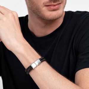 Pulseira Masculina Dupla de Couro Trançado Preto e Marrom em Aço - 21 cm