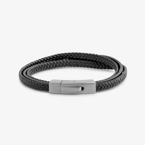 Pulseira Masculina Tripla de Couro Preto em Aço - 21 cm