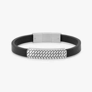 Pulseira Masculina de Couro Placa Textura em Aço - 21 cm