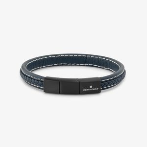 Pulseira Masculina de Couro Azul em Aço Preto - 21 cm