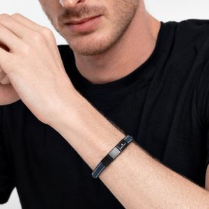 Pulseira Masculina de Couro Azul em Aço Preto - 21 cm