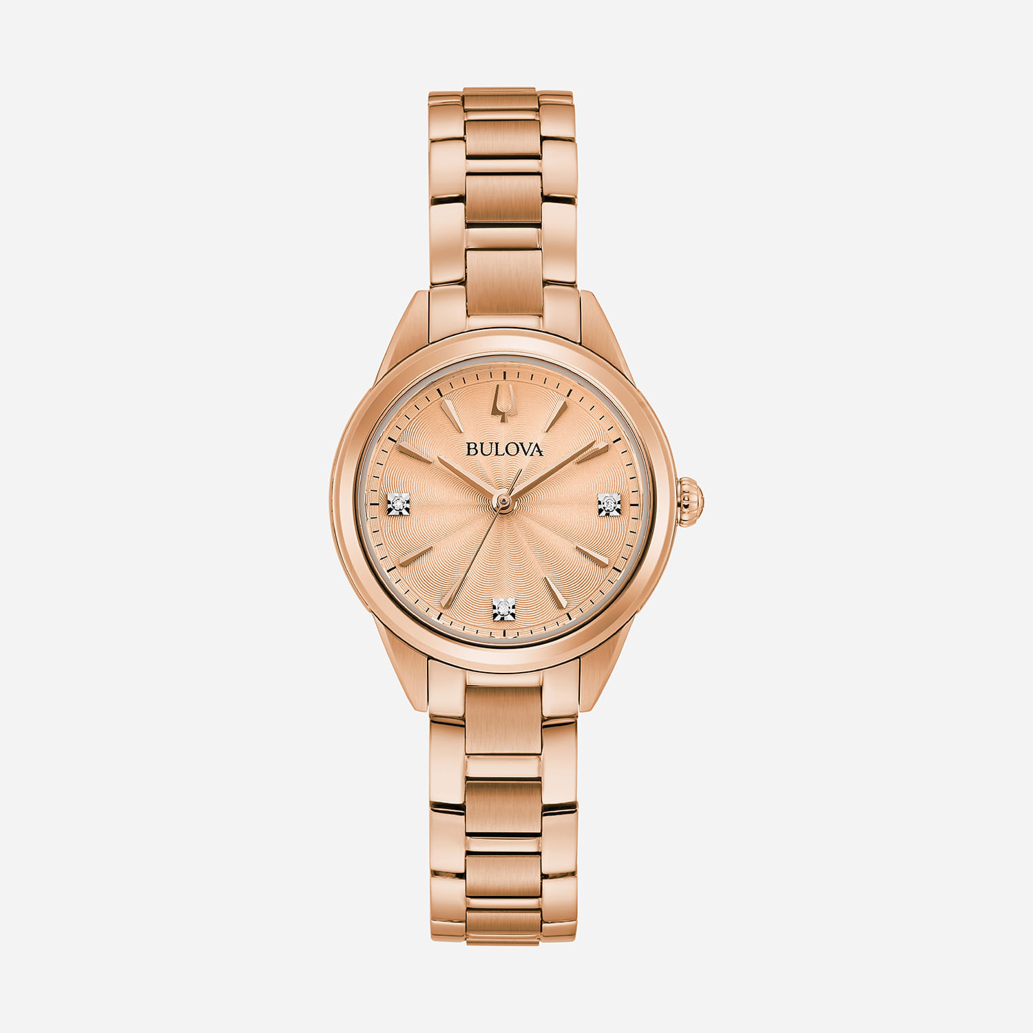 Relógio feminino com pulseira de metal na cor rosé, mostrador dourado com detalhes e marcadores de cristal.
