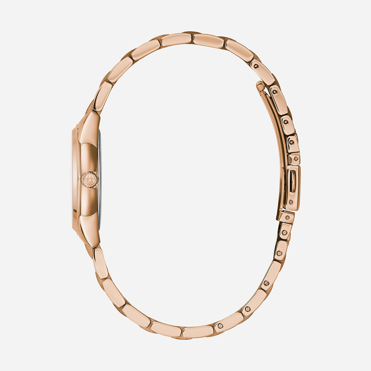 Relógio de pulso feminino com pulseira de metal rosé, mostrando a lateral da caixa e fecho, em fundo branco.