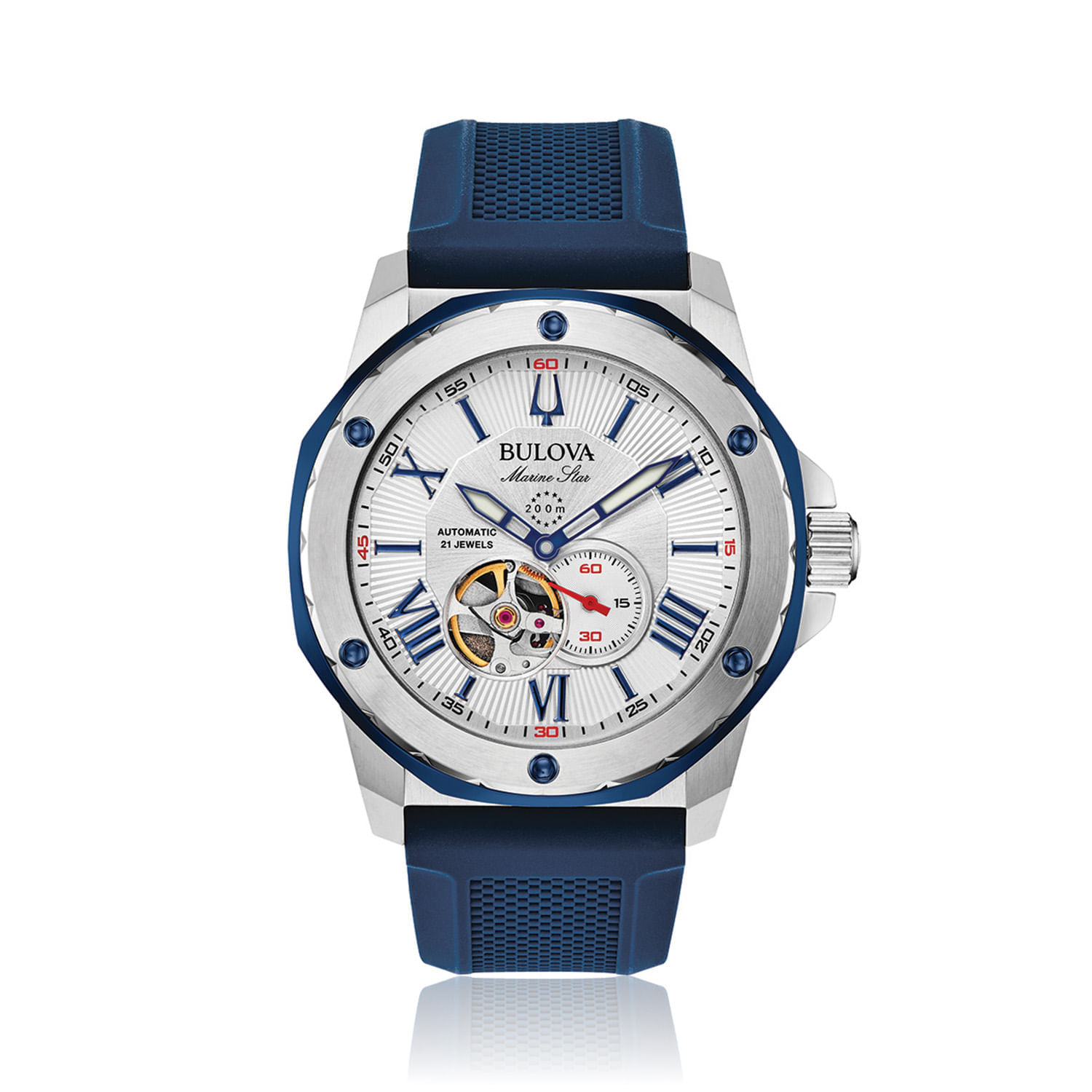 Relógio masculino da marca Bulova com caixa em aço, mostrador prateado, detalhes em azul, e pulseira de silicone azul.