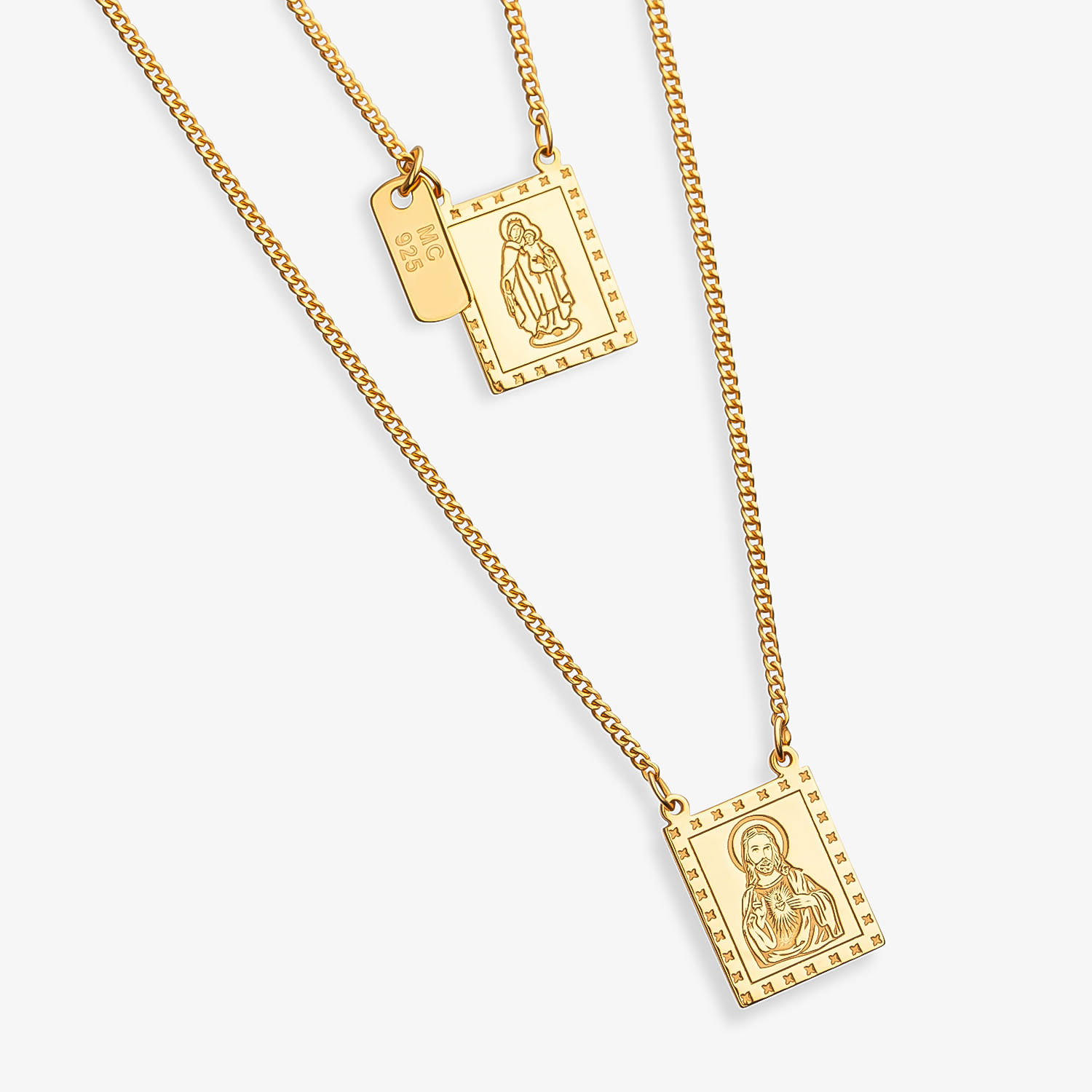 Colar Escapulário N Senhora Carmo/Sagrado Coração Jesus em Prata 925 com Banho de Ouro Amarelo 18k