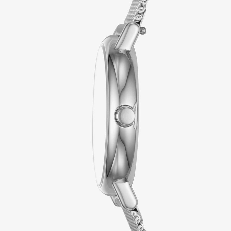 Imagem de um relógio de pulso com vista lateral, mostrando a caixa e a pulseira de metal.