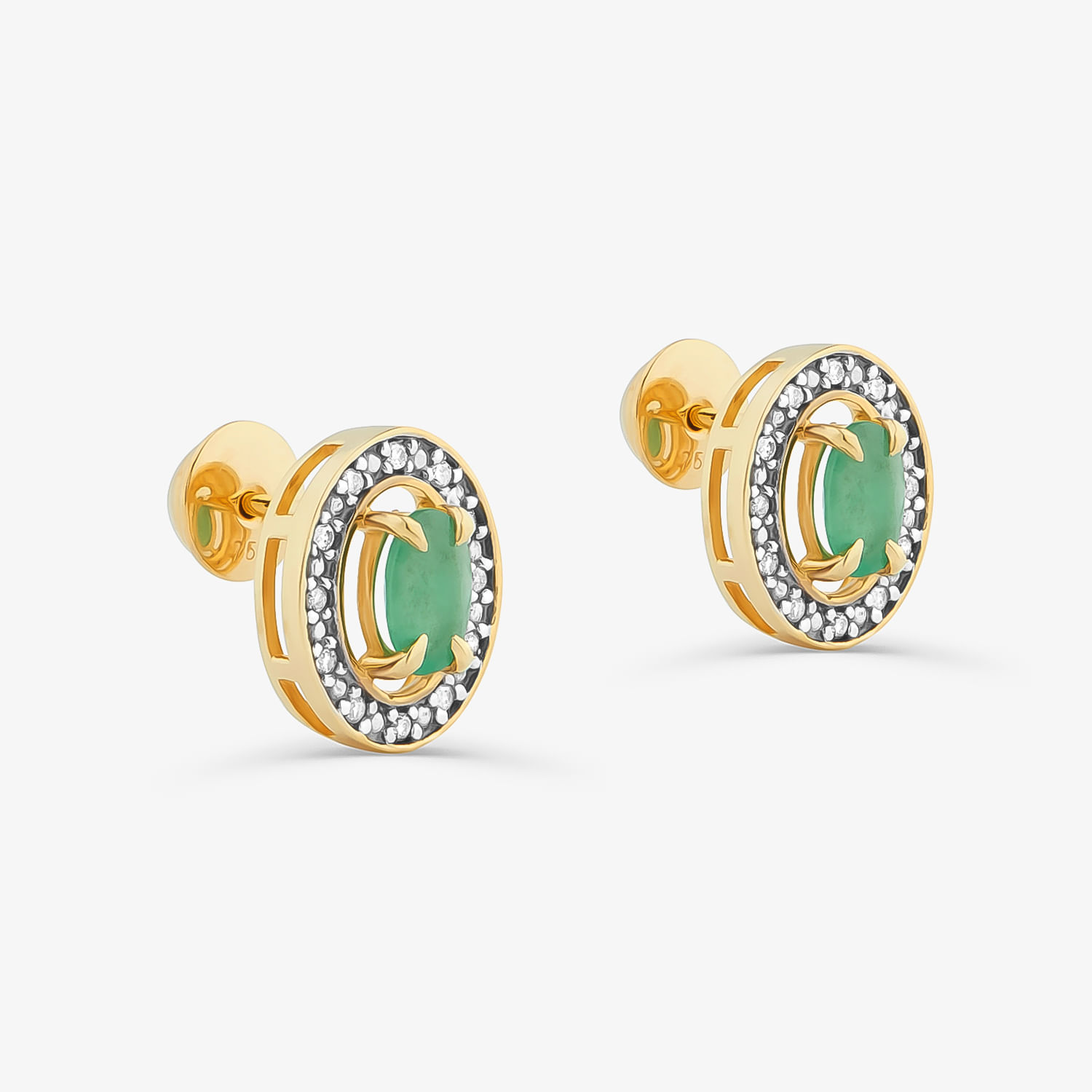 Brinco Stud com Esmeralda e Diamantes em Ouro Amarelo 18k