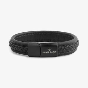 Pulseira Masculina de Couro Preto em Aço Preto