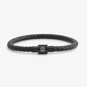 Pulseira Masculina de Couro Preto em Aço Preto