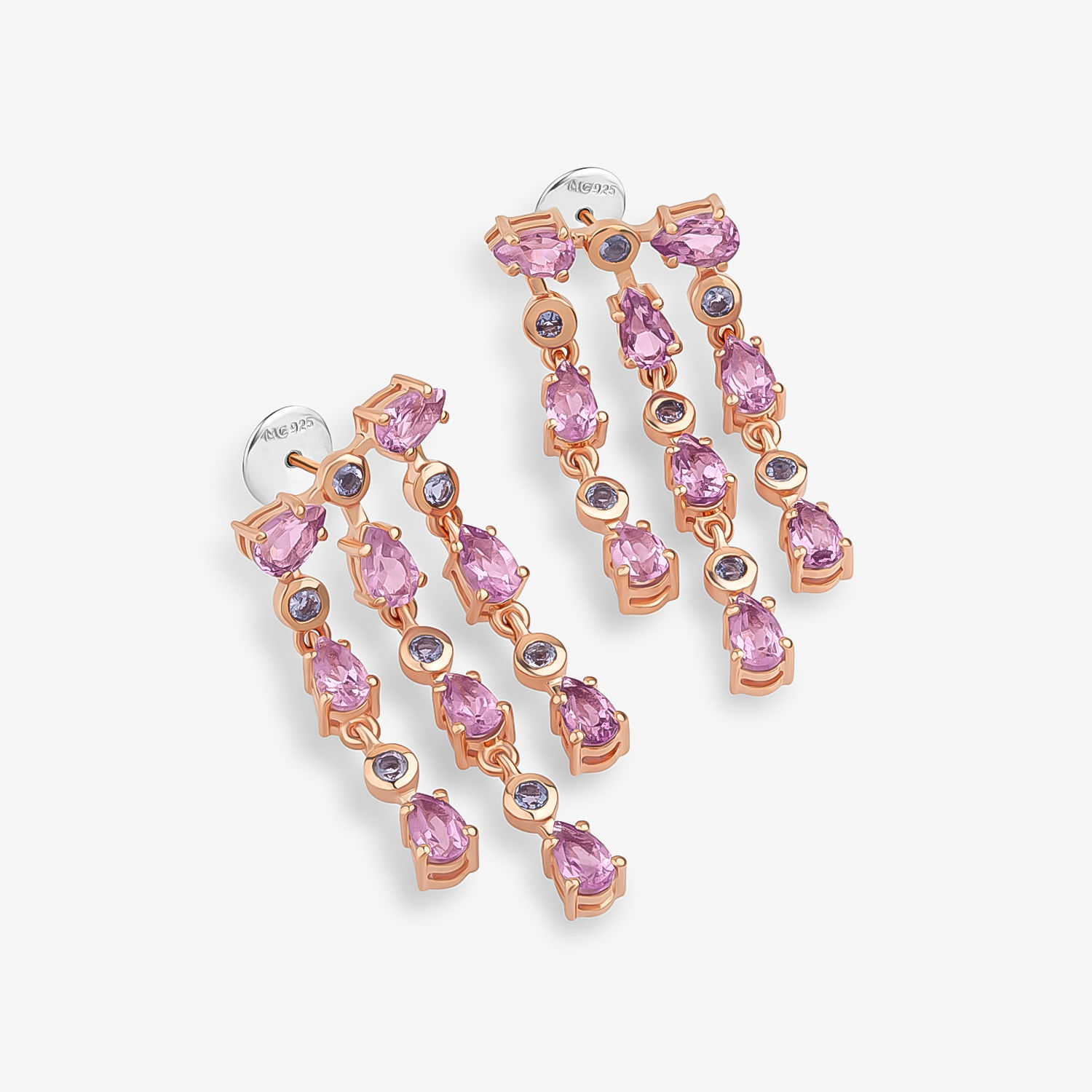 Brinco Chandellier com Ametista Rose de France e Iolita em Prata 925 com Banho de Ouro Rosé 18k