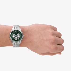 Relógio Emporio Armani Cronógrafo Masculino em Aço Prateado e Mostrador Verde AR11581B1