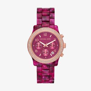 Relógio Michael Kors Runway Cronógrafo Feminino em Acetato Rosa Perolado e Cristais MK7425