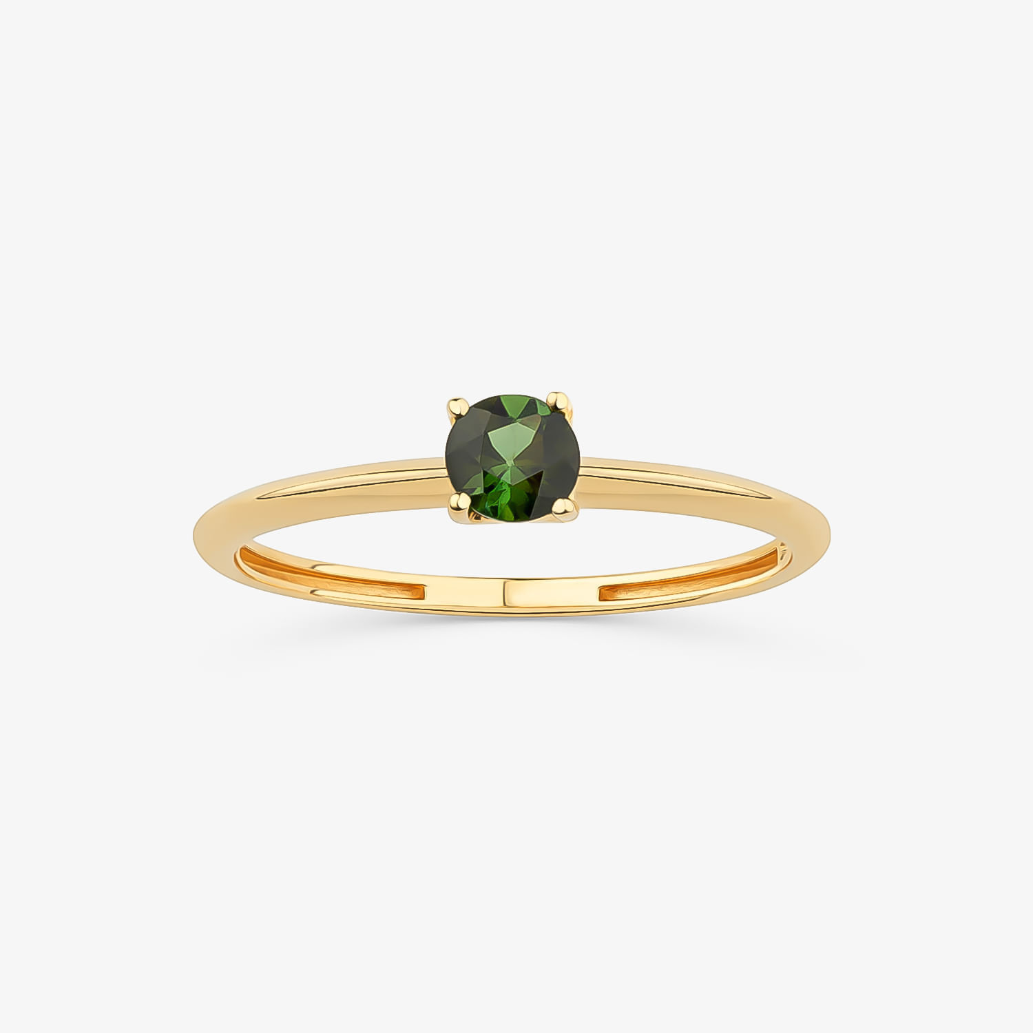 Anel de ouro com uma pedra verde cushion no centro.