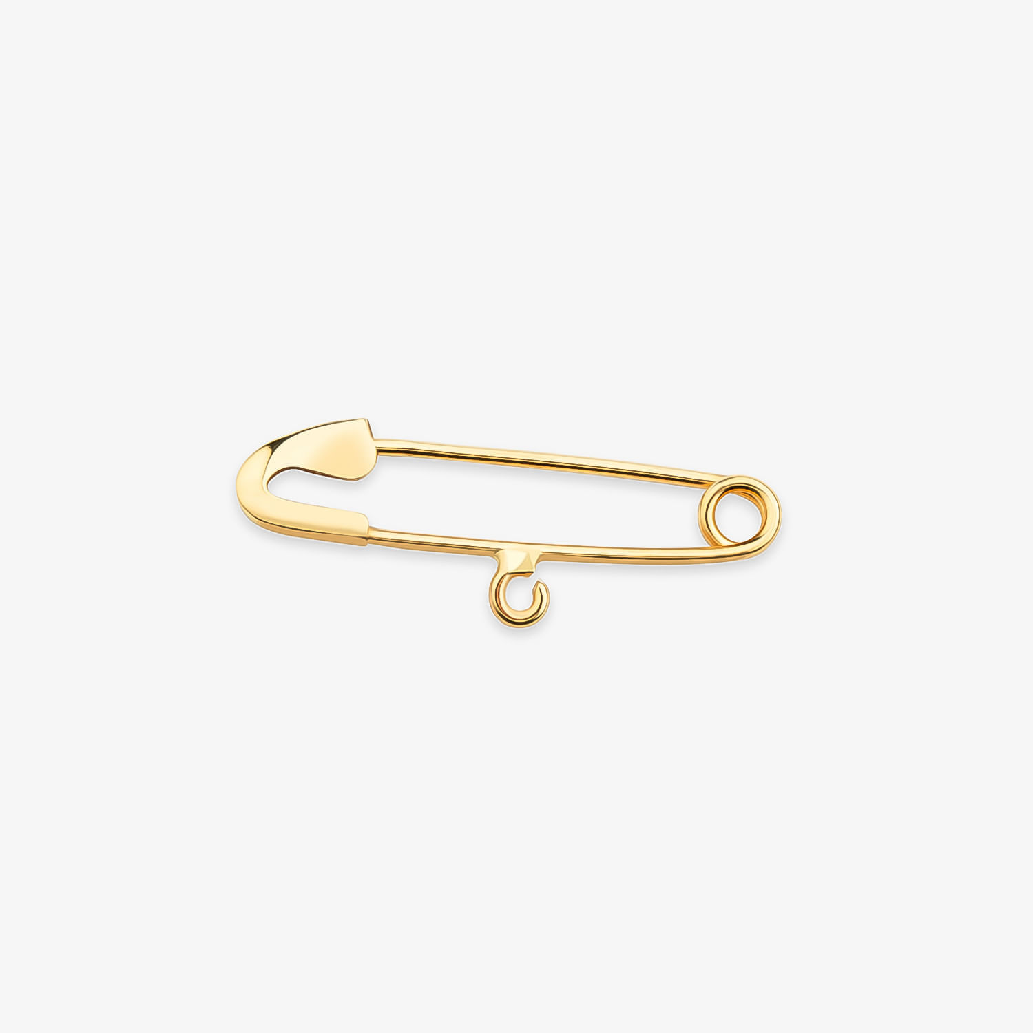 Pingente dourado em formato de alfinete de segurança com detalhes de pequenas argolas.