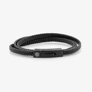 Pulseira Masculina Tripla de Couro Preto em Aço Preto - 20 cm