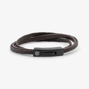 Pulseira Masculina Tripla de Couro Marrom em Aço Preto - 20 cm