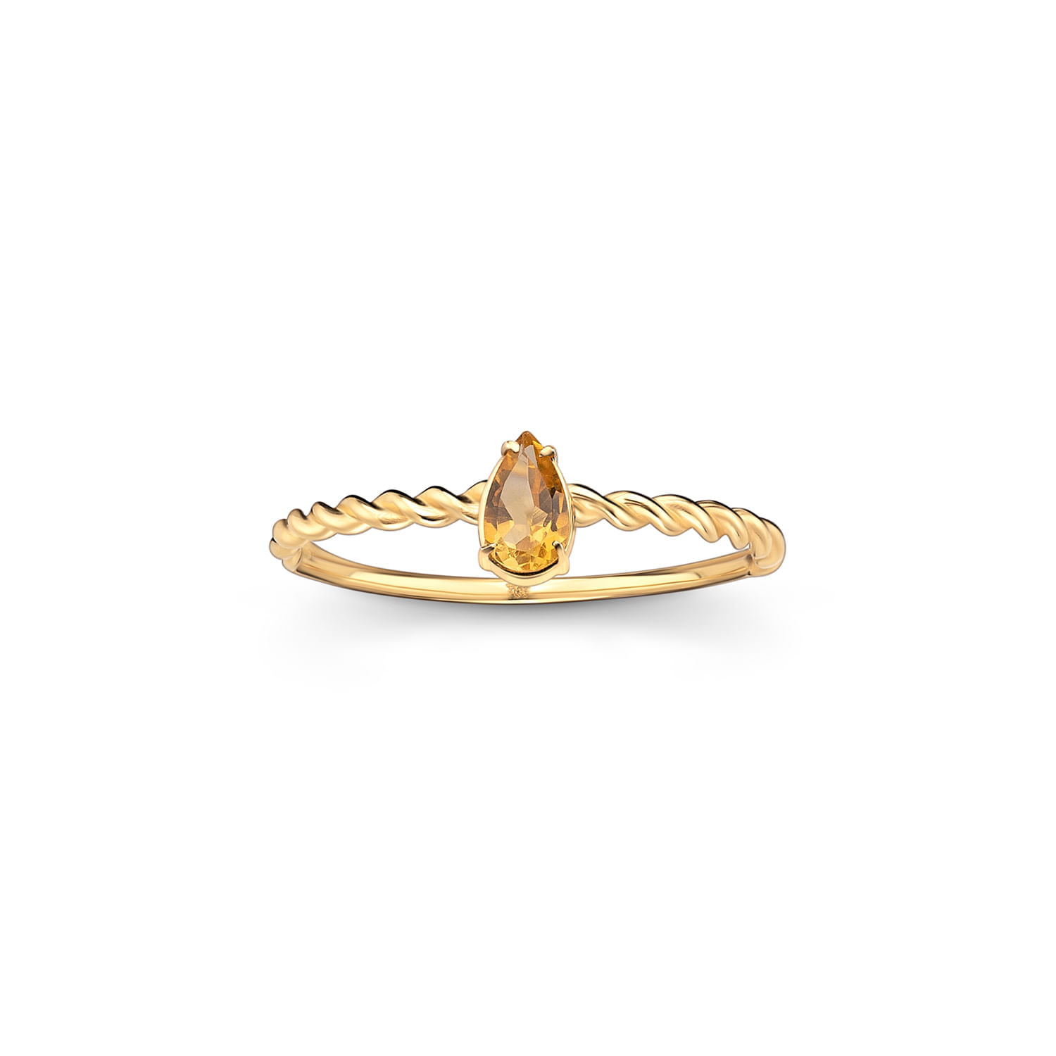 Anel dourado com uma pedra amarela em formato de gota central.