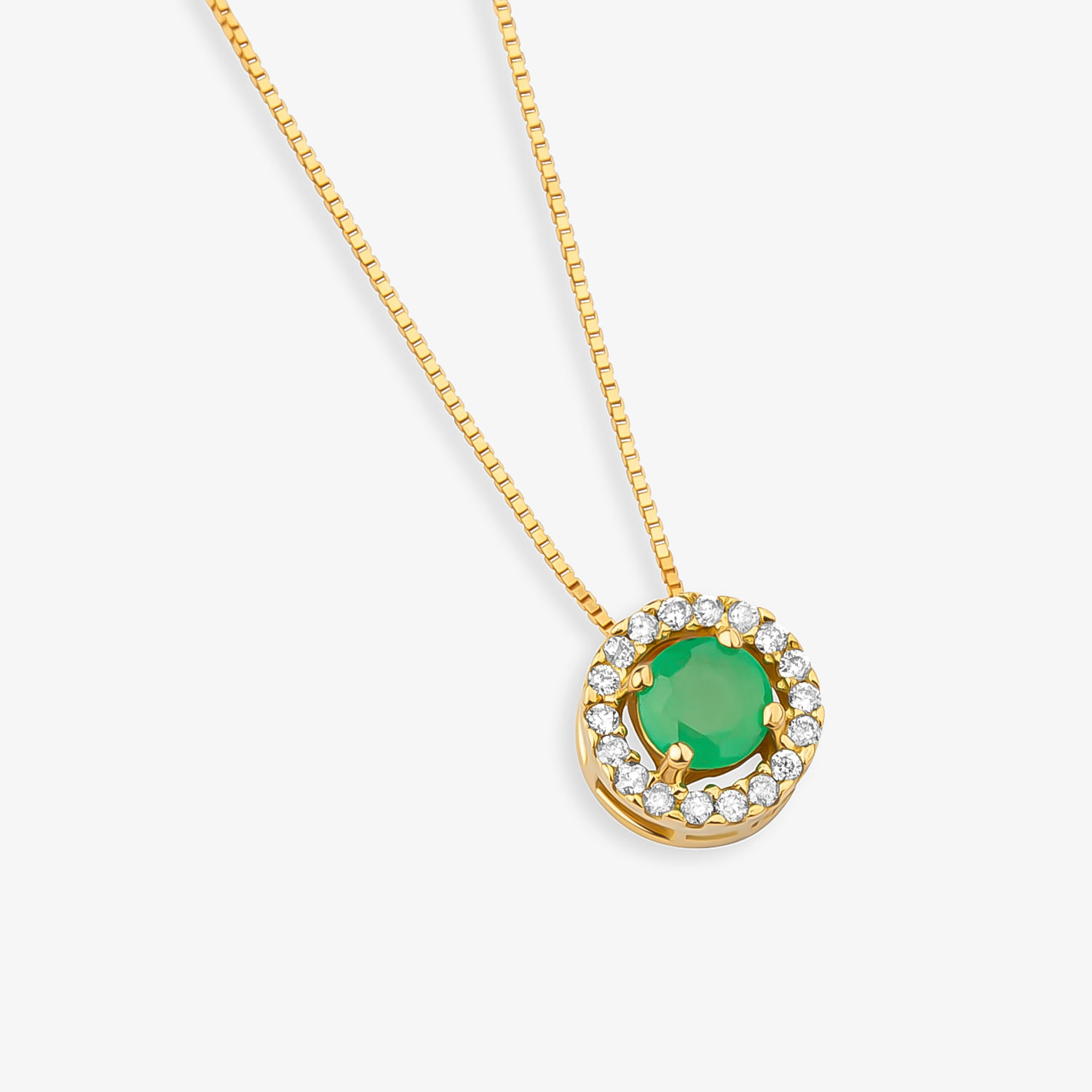 Pingente Redondo Intense em Ouro Amarelo 18k com Esmeralda e com 9 Pontos de Diamantes