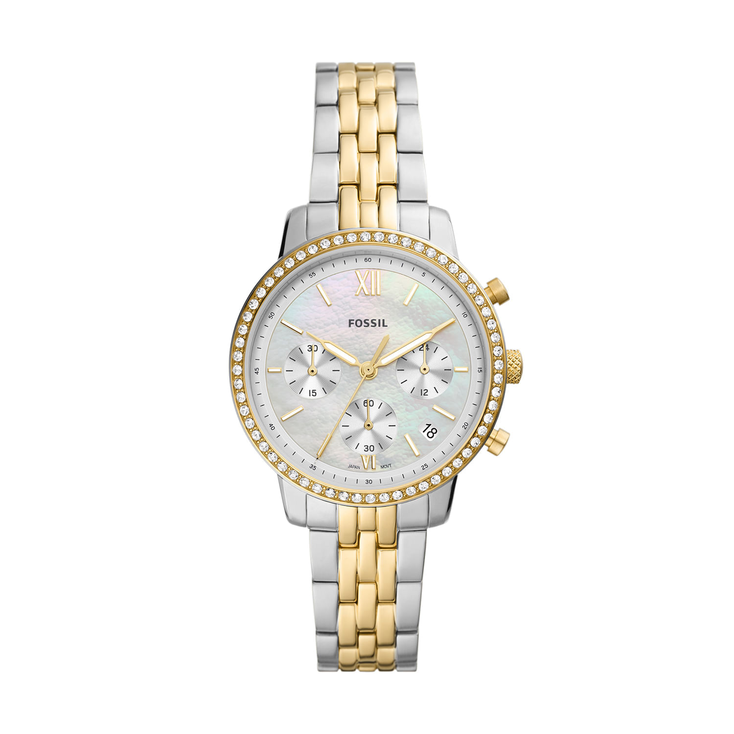 Relógio feminino com pulseira de aço prata e detalhes dourados, mostrador de madrepérola com cristais na moldura e funções cronógrafo.