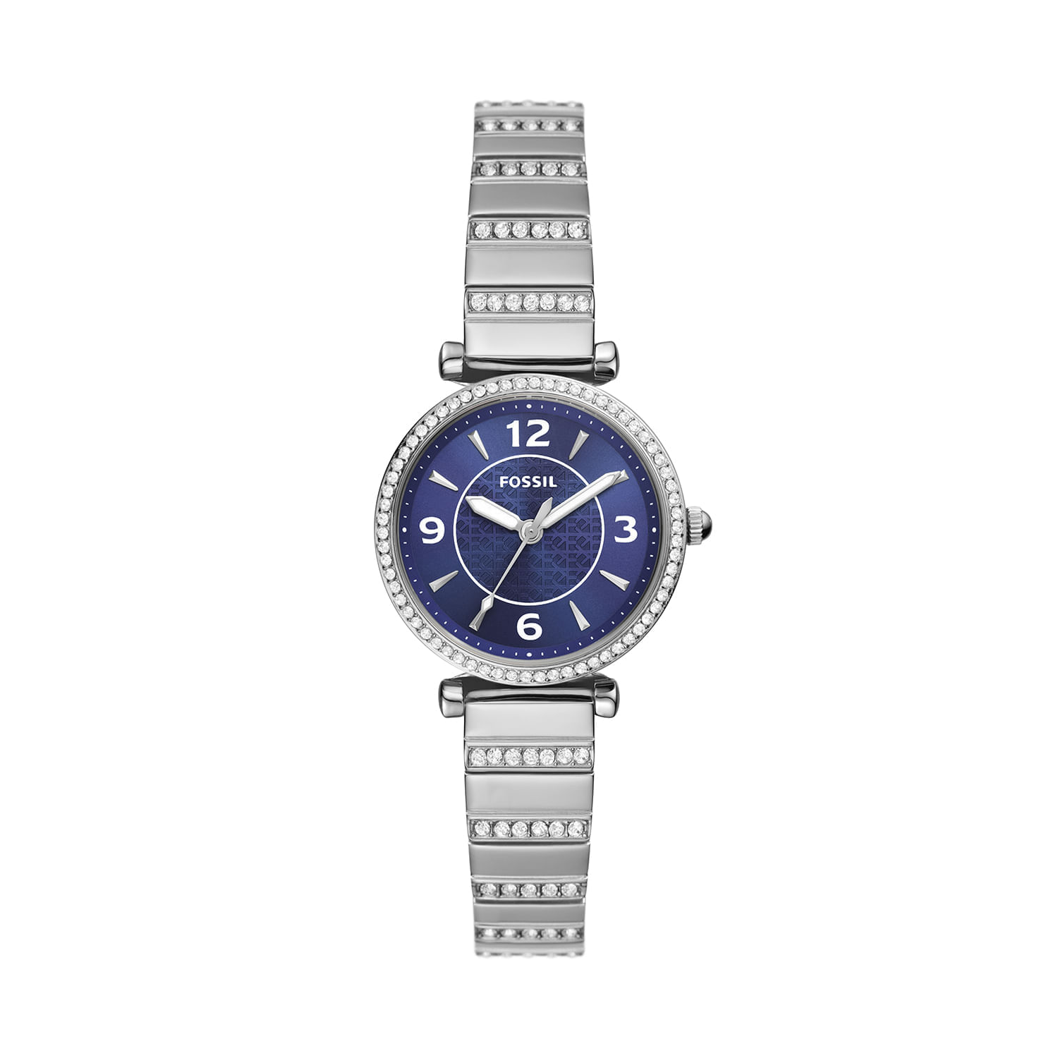 Relógio feminino com pulseira de metal prateada, mostrador azul, detalhes de cristais e marca Fossil.