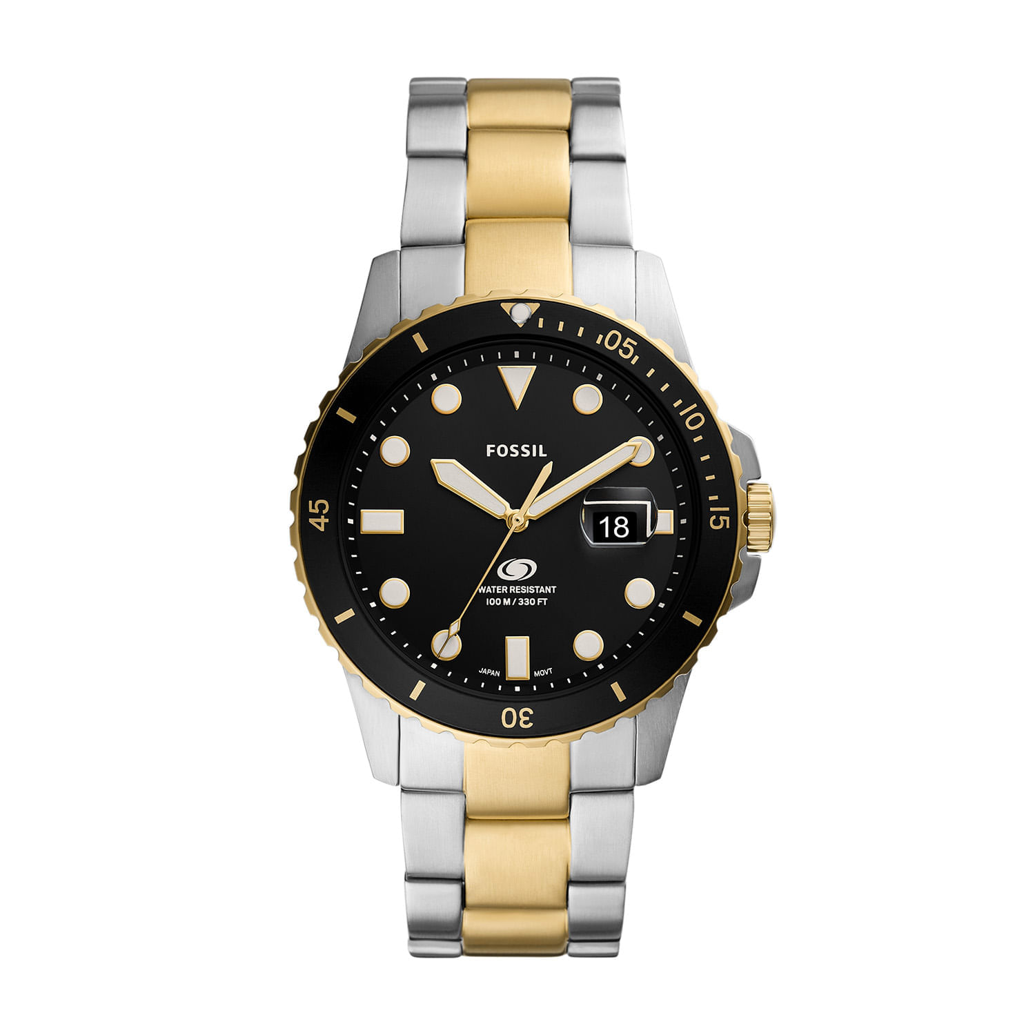 Relógio analógico com pulseira de aço inox com detalhes em dourado, mostrador preto, data e resistência à água até 100 metros.