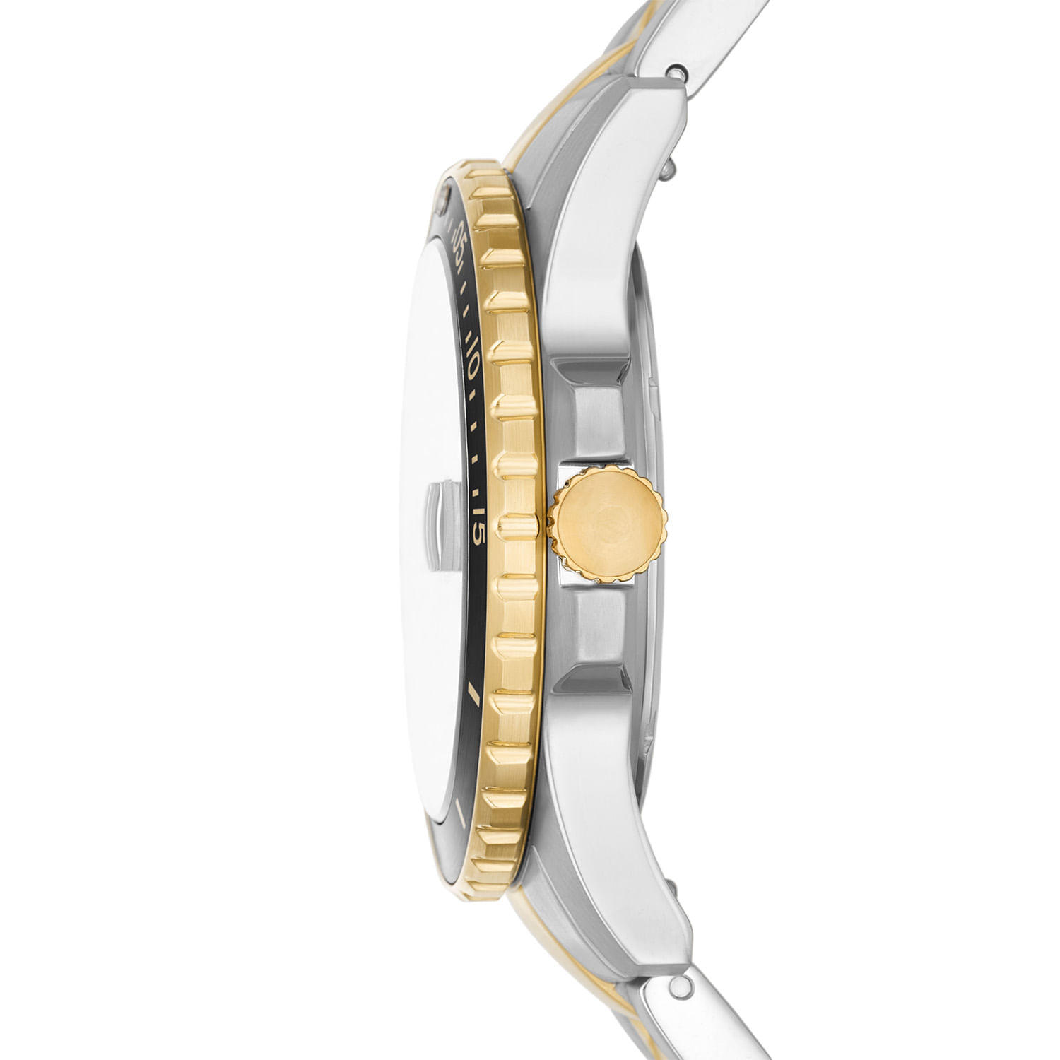 Relógio de pulso com pulseira de metal prata, caixa de dois tons prata e dourado, com botões laterais dourados e detalhes em preto na borda do mostrador.