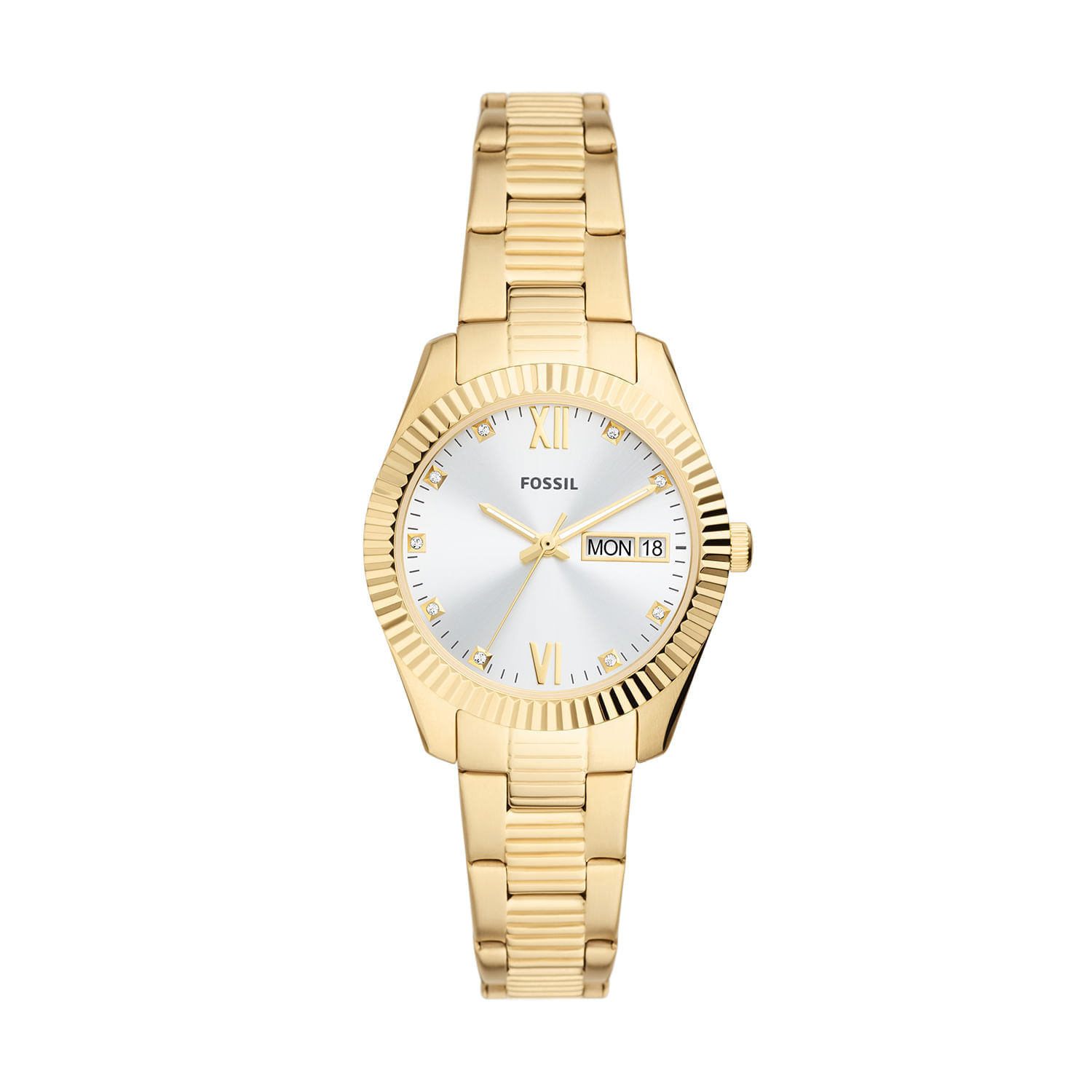 Relógio feminino dourado com pulseira de metal, mostrador branco, exibe a hora, data e dia da semana.