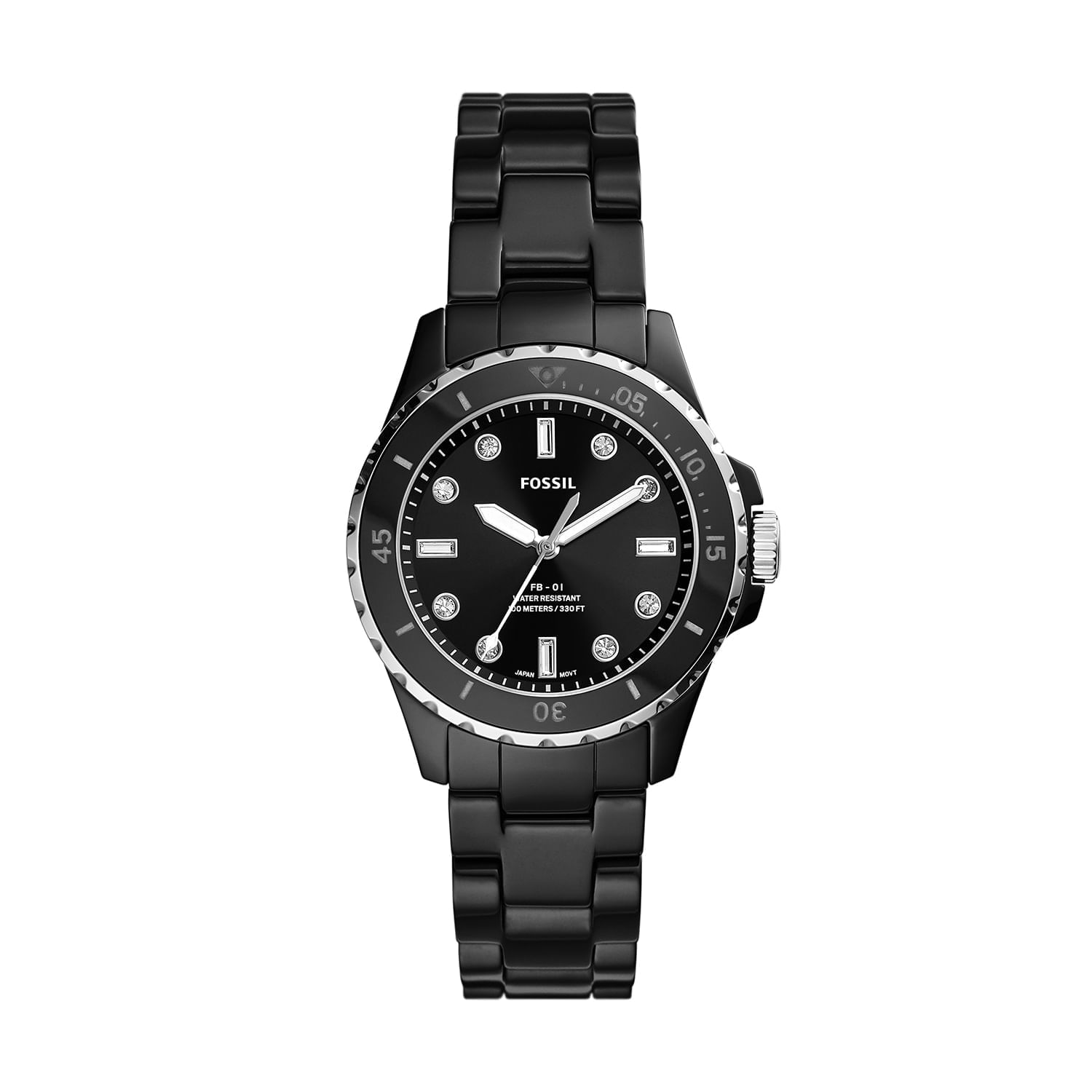 Relógio preto da Fossil com pulseira de metal, mostrador analógico com detalhes em prata e cristal na posição das horas.